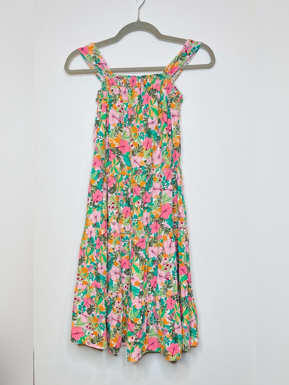 Copper Key Floral Tiered Sundress in Pink, Green & Yellow